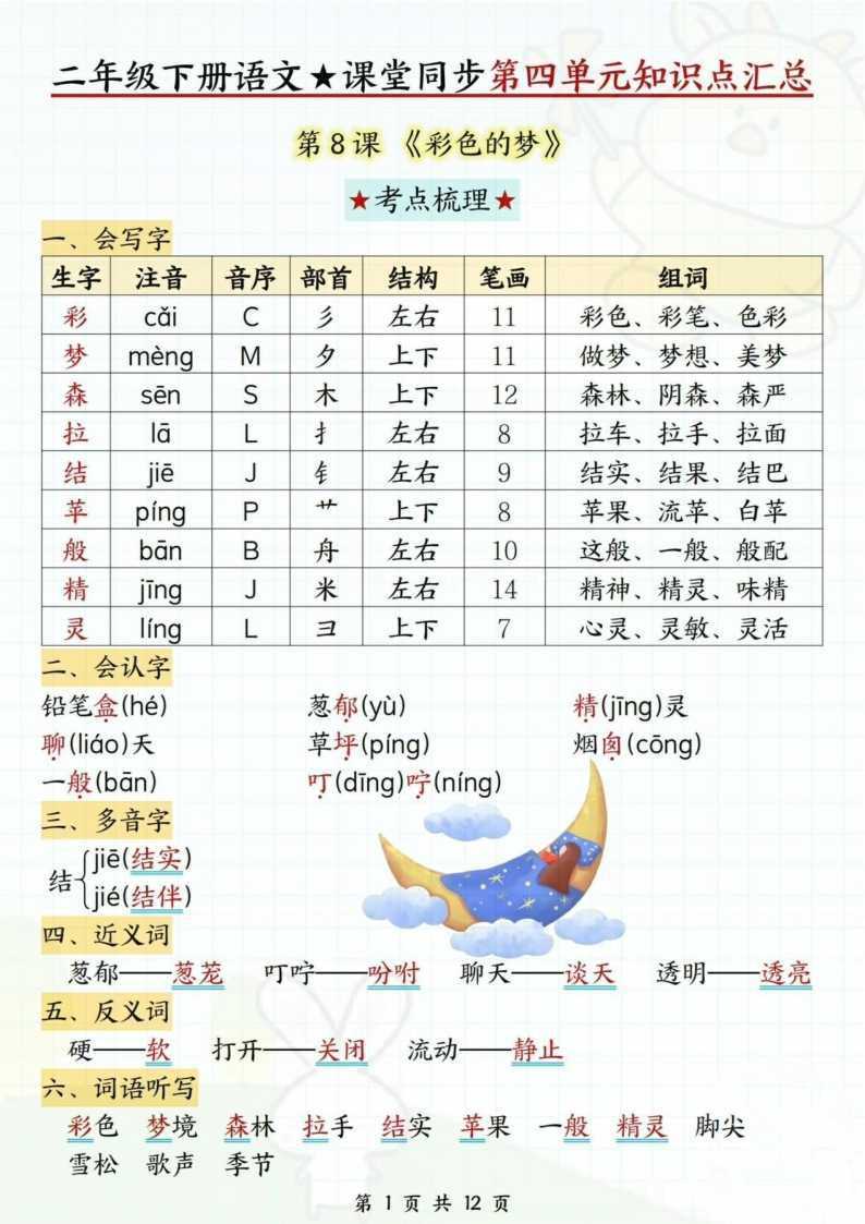 25年二年级下语文《第四单元知识点汇总》(2