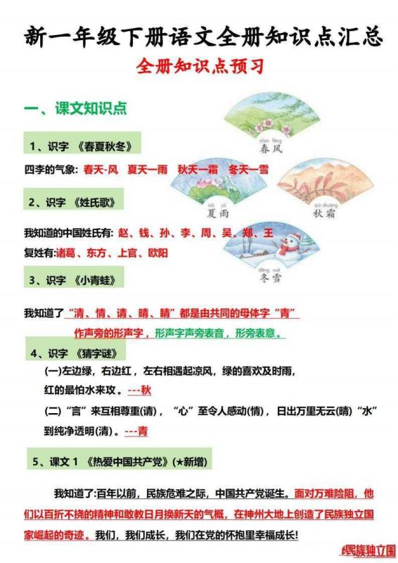 一年级语文下册全册知识点总结-知学乐园