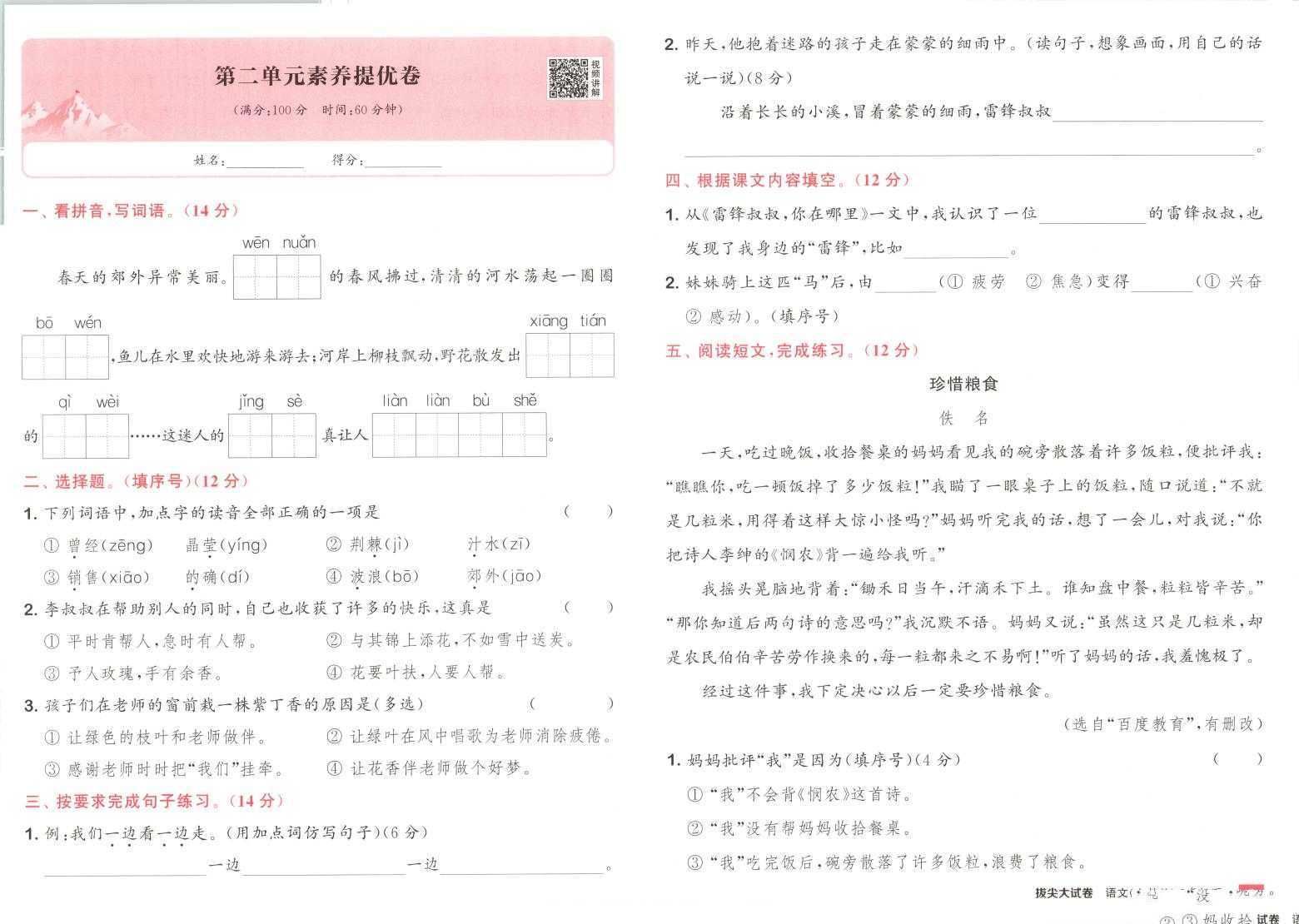 25春《拔尖大试卷》部编版语文2356年级下册(4