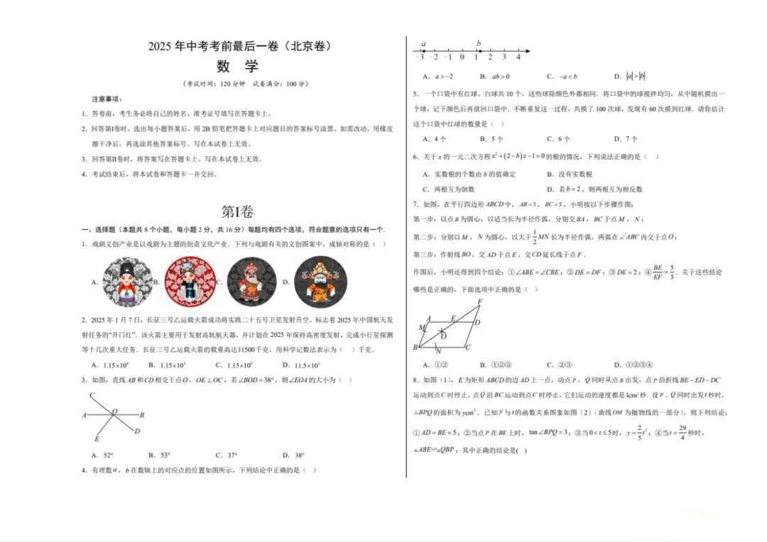 2025中考全国44省市考前《最后一卷》初中数学多版本合集整理[2025中考备考]（）2