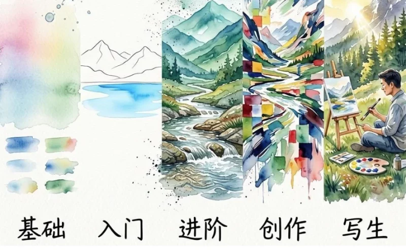 水彩风景五合一 (基础+入门+进阶+创作+写生)-知学乐园